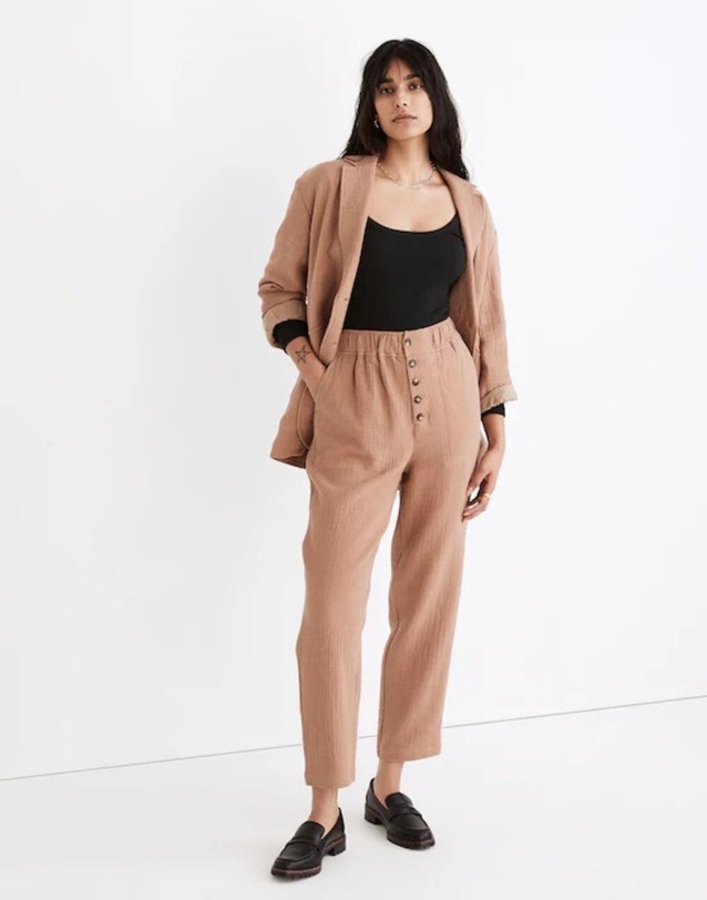 Madewell Cotton-Linen Pull-On High-Rise Tapered Pants Button Front Medium